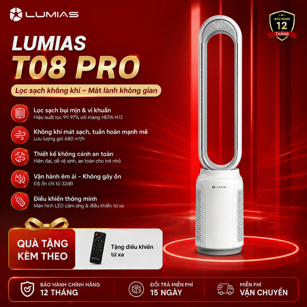 Quạt Không Cánh Lumias T08 Pro | Lumias T08 Plus - Kiêm Lọc Không Khí, Có Remote