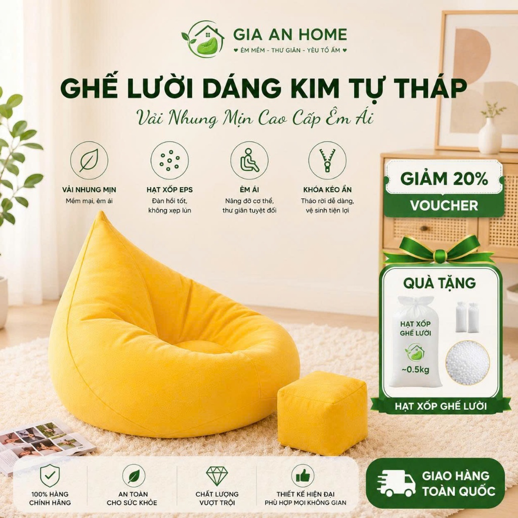 ghế lười thư giãn, ghế lười hạt xốp quả lê Vải Nhung Mịn, ghế lười thư giãn cute, ghế lười sofa