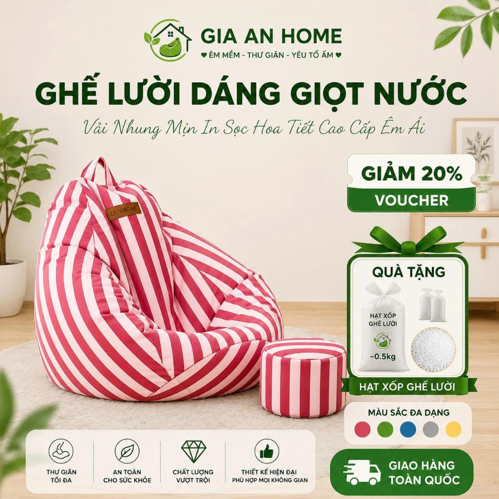 Ghế lười thư giãn, ghế lười hạt xốp Giọt Nước Vải Nhung Mịn Sọc Đỏ, ghế lười thư giãn cute, ghế lười