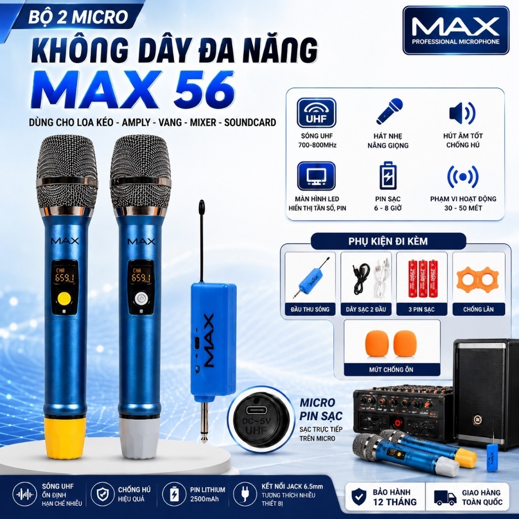 Micro Không Dây Đa Năng MAX 56 Thế Hệ Mới, Chống Hú Rít, Sóng Khỏe, Hát Nhẹ, Bay, Không Vỡ Tiếng BH1