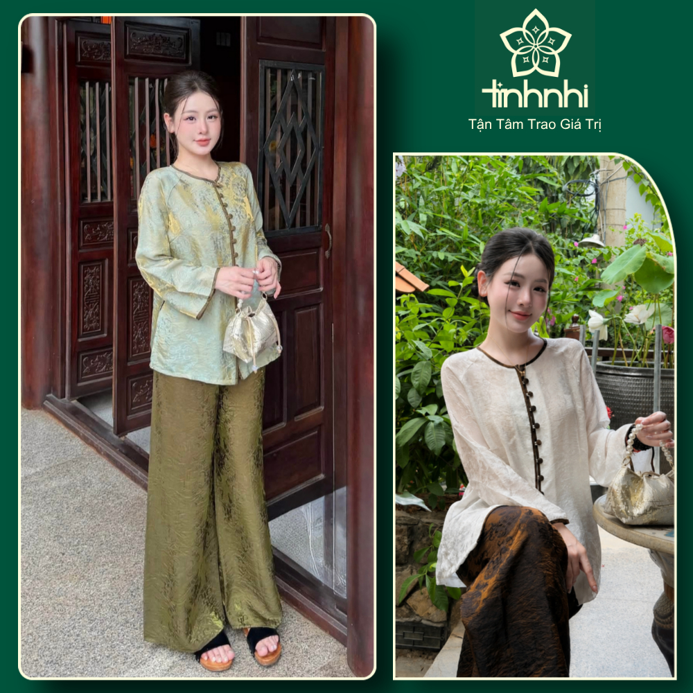 TINH NHI PP455 set bà ba pháp phục lụa tằm tencel ánh kim phối viền sang trọng và trẻ trung