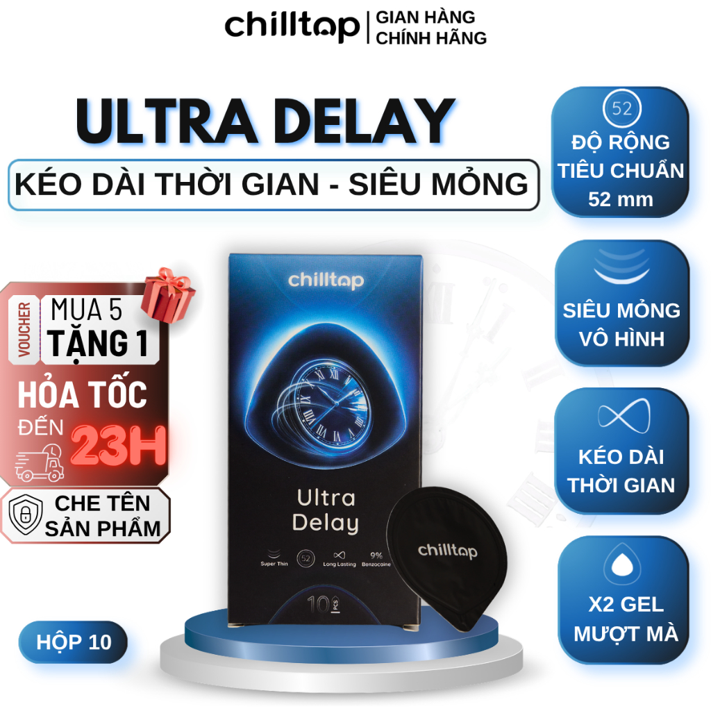 Bao cao su Kéo dài thời gian, Siêu mỏng, Nhiều Gel Chilltop Ultra Delay - Hộp 10 Bao