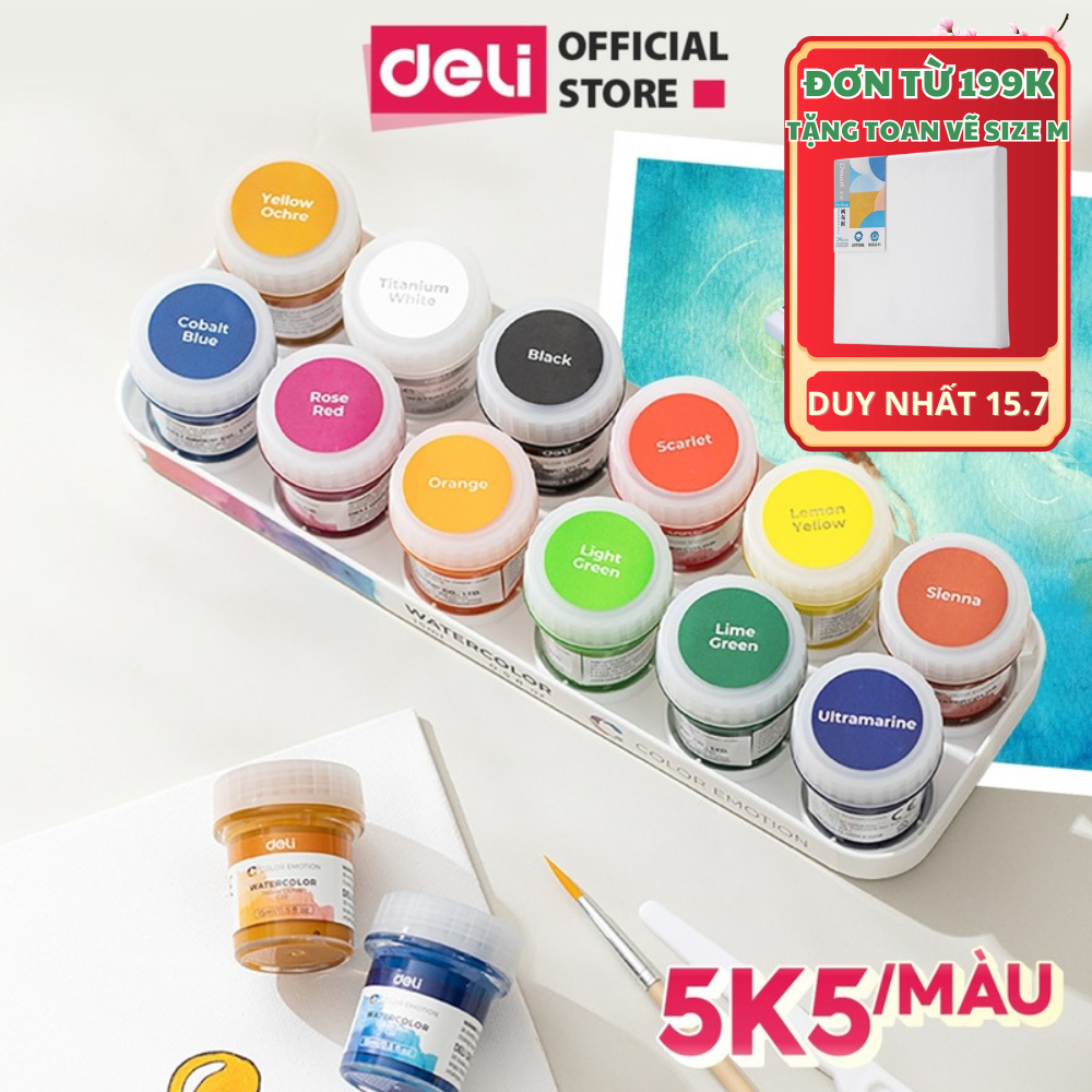 [🔥TẶNG CỌ+TÁN+TOAN VẼ] Bộ Màu Nước Hũ 15ml CHÍNH HÃNG DELI tô màu vẽ tranh custom màu tươi sáng che 