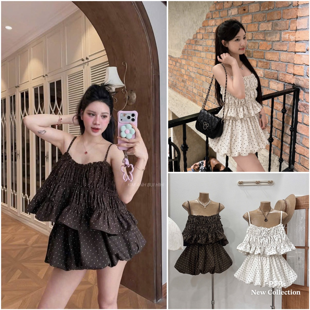 [S2.4438] Set Áo 2 Dây Bi Chun Kèm Chân Váy Bí Phồng - Ảnh Thật Chính Chủ PTP STORE
