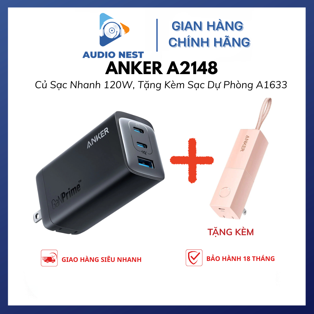 (Tặng Kèm Pin A1633) Củ Sạc ANKER 737 GaNPrime hỗ trợ PD / PPS 120W 3 cổng 2C + 1A  A2148 - Bảo Hành