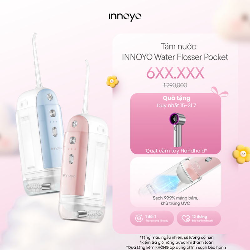 [TẶNG QUẠT HANDHELD] Tăm nước mini Innoyo,3 đầu phun, làm sạch 99.9% mảng bám, khử trùng UVC - Bảo h
