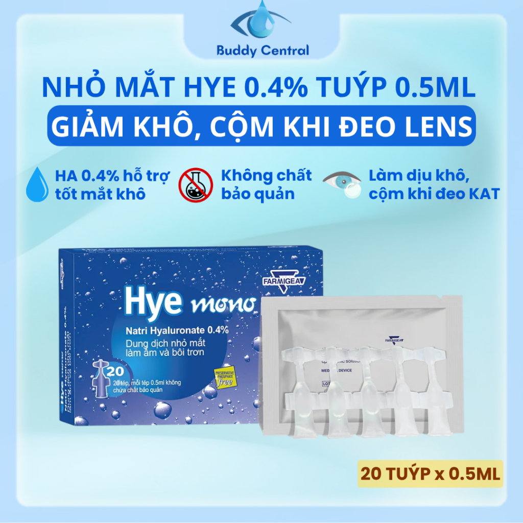 Dung dịch nhỏ mắt HYE mono Natri Hyaluronate 0.4% Farmigea 1 hộp 20 tuýp 0.5ml | Không chất bảo quản
