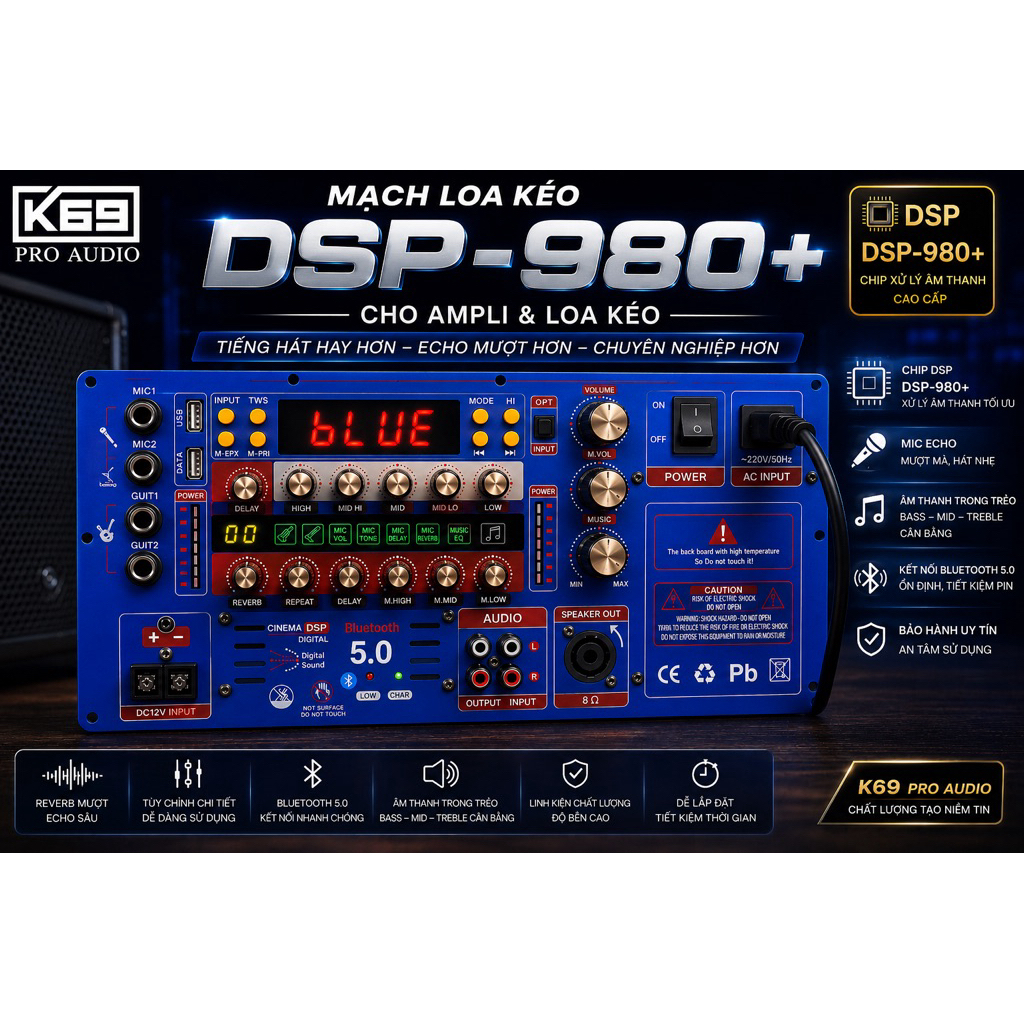 Mạch Loa Kéo DSP-980+ Bluetooth 5.0 | Mạch Điều Khiển Loa Kéo Karaoke | Echo Mượt | Chống Hú | DSP C