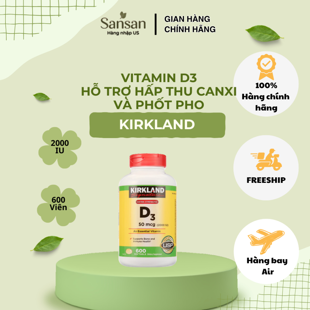 Viên Uống Vitamin D3 Kirkland Signature Extra Strength 50mcg (2000IU) 600 Viên Nang Mềm