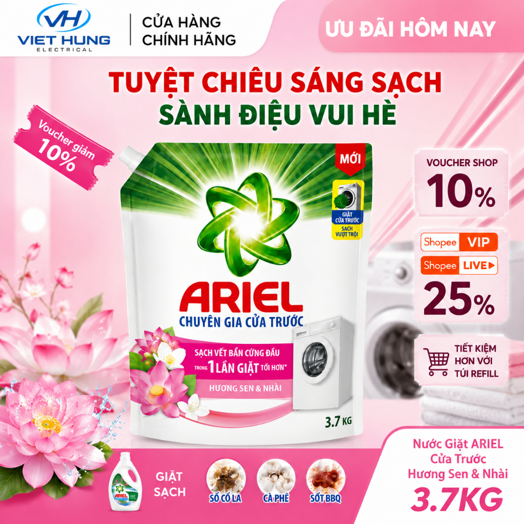 Nước Giặt ARIEL Cửa Trước Hương Sen & Nhài túi 3.7KG