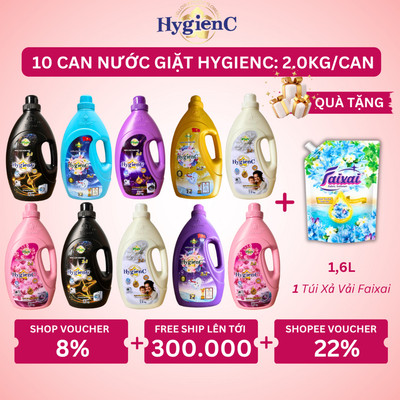 [Sỉ Thùng] Thùng 10 Can Nước Giặt HygienC Plus 2,0 Kg/Can Đậm Đặc Hương Nước Hoa - An Toàn Cho Da
