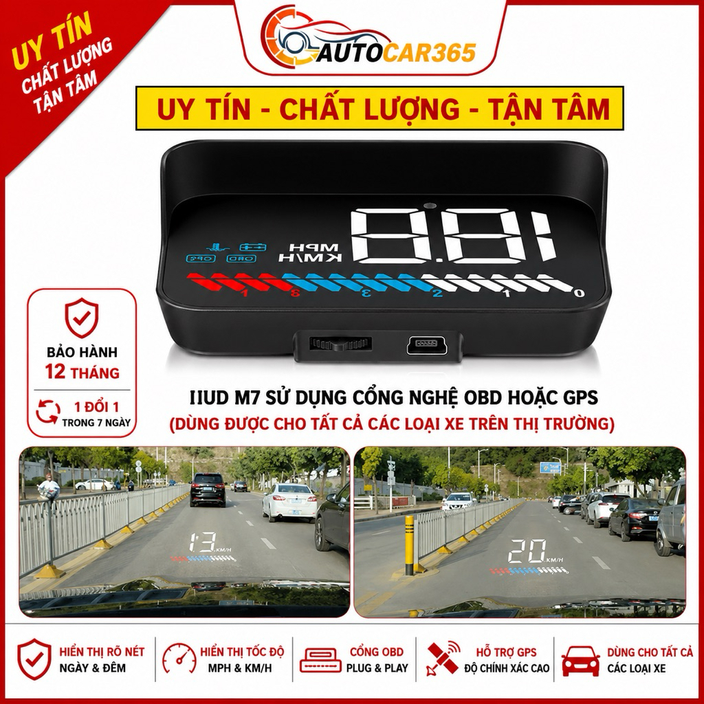 Màn hình HUD M7 hiển thị tốc độ trên kính lái ô tô