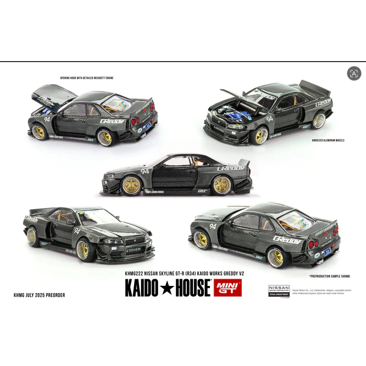 Kaido House x Mini GT 1:64 Nissan Skyline GT-R (R34) Kaido Works GReddy V2 – Black w/ Carbon