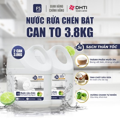 Nước rửa chén bát F5 Clean 3,8kg hương chanh, mềm mại với da tay, gốc thực vật, thiên nhiên