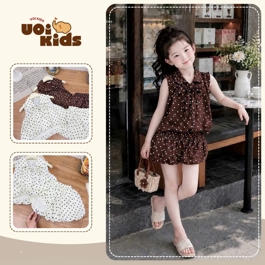 Set Bộ Bé Gái Áo Sơ Mi Chấm Bi To Phối Quần Bí Dễ Thương, Đồ Bộ Bé Gái Phong Cách Hàn Quốc 6-27kg Voi Kids