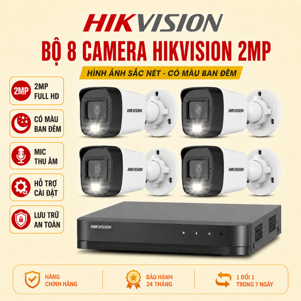 Trọn Bộ Camera Hikvision 2MP Chính Hãng 2.0 FULL HD 1080P (FULL PHỤ KIỆN), Hàng Chính Hãng