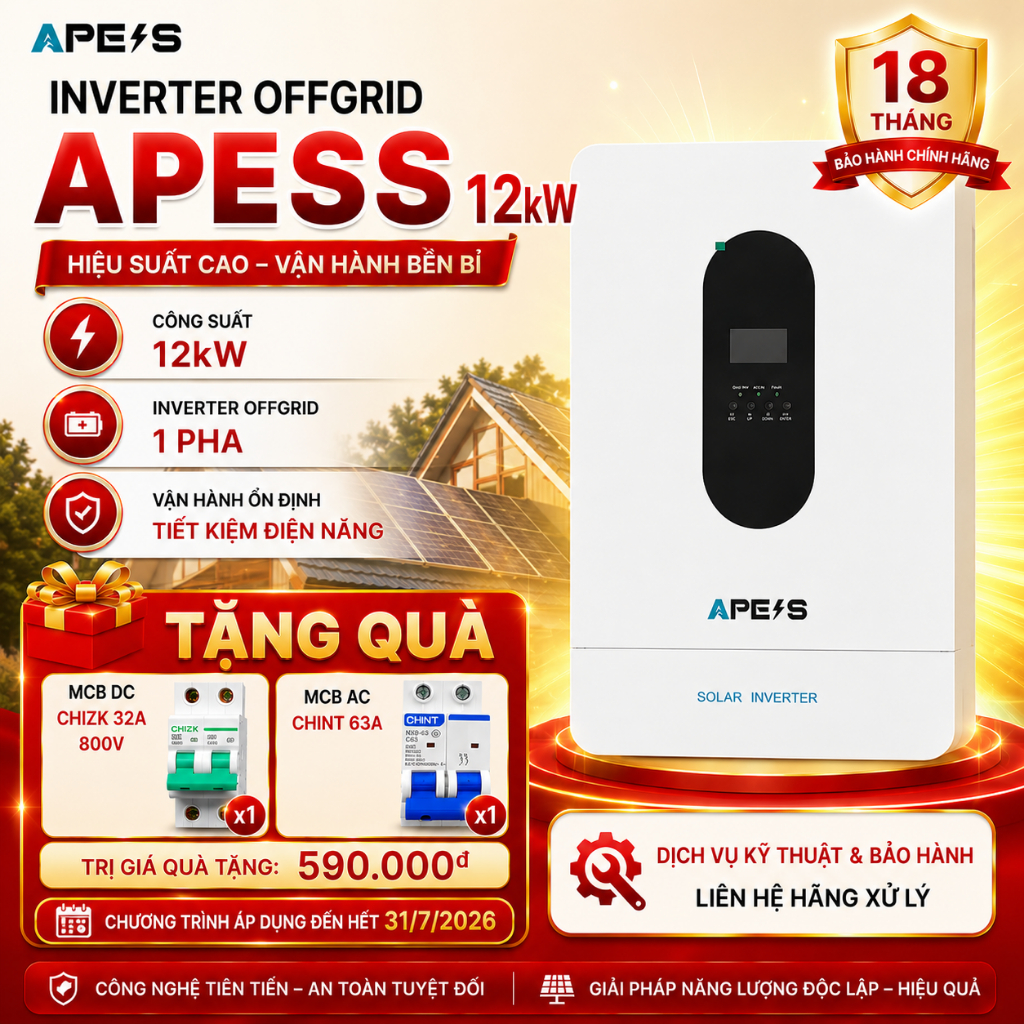 [TẶNG 1 CB DC + 1 CB AC] Inverter offgrid APESS 12kW, Biến tần năng lượng mặt trời