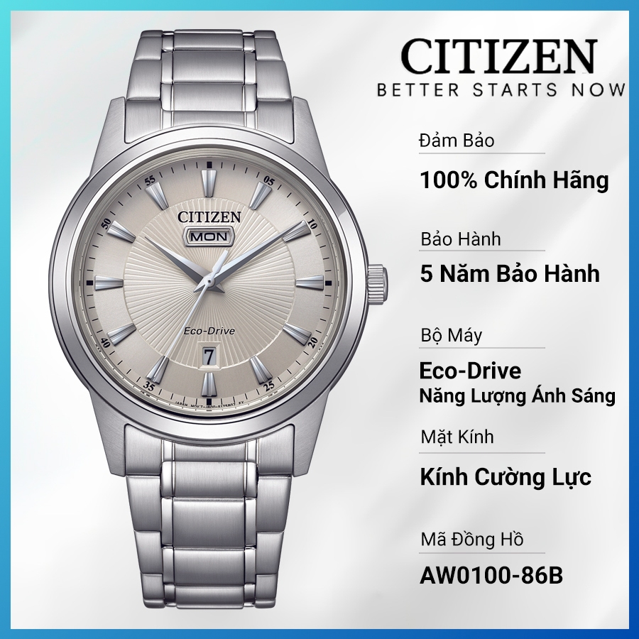 Đồng Hồ Nam Citizen Eco-Drive Dây Thép Không Gỉ AW0100-86B - Mặt Bạc (40mm)