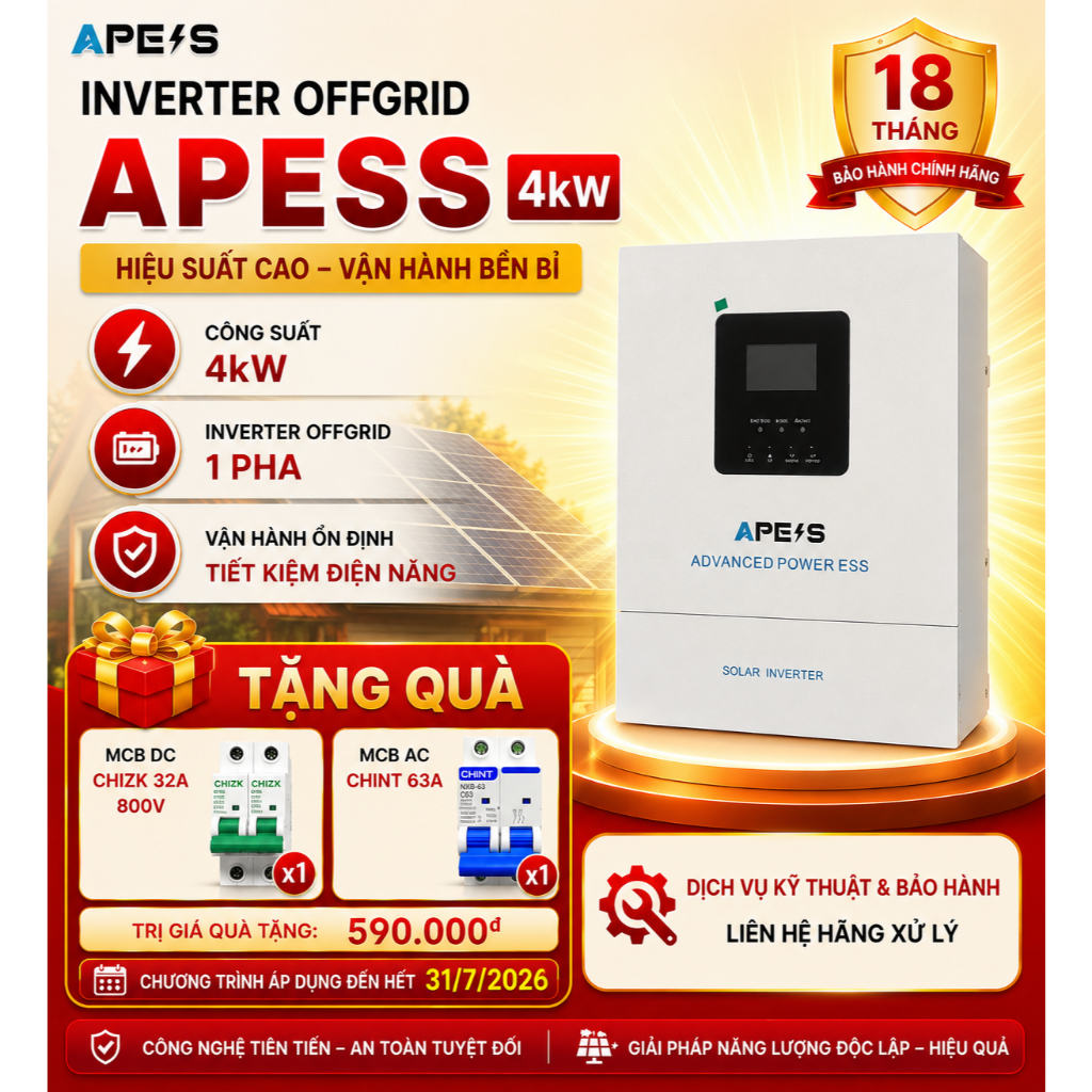 [TẶNG 1 CB DC + 1 CB AC] Inverter offgrid APESS 4kW, Biến tần năng lượng mặt trời