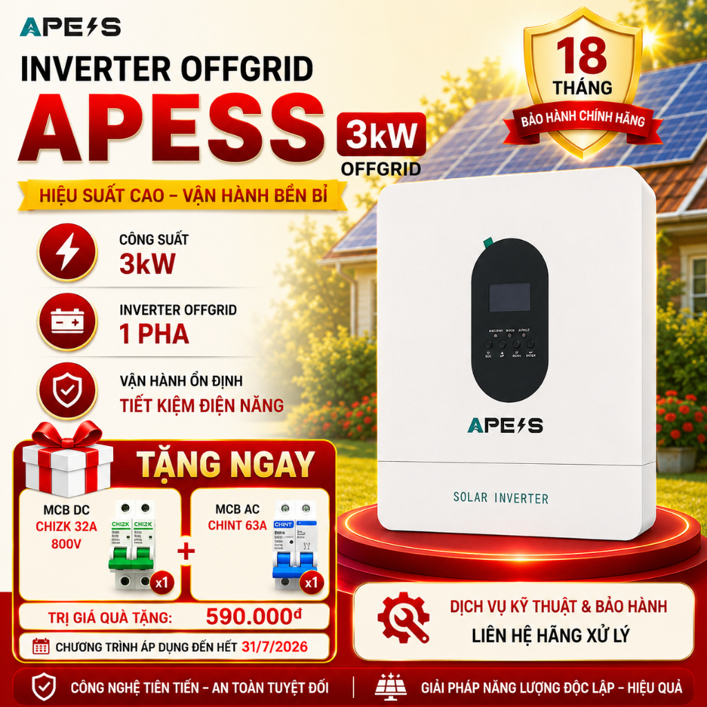 [TẶNG 1 CB DC + 1 CB AC] Inverter offgrid APESS 3kW, Biến tần năng lượng mặt trời