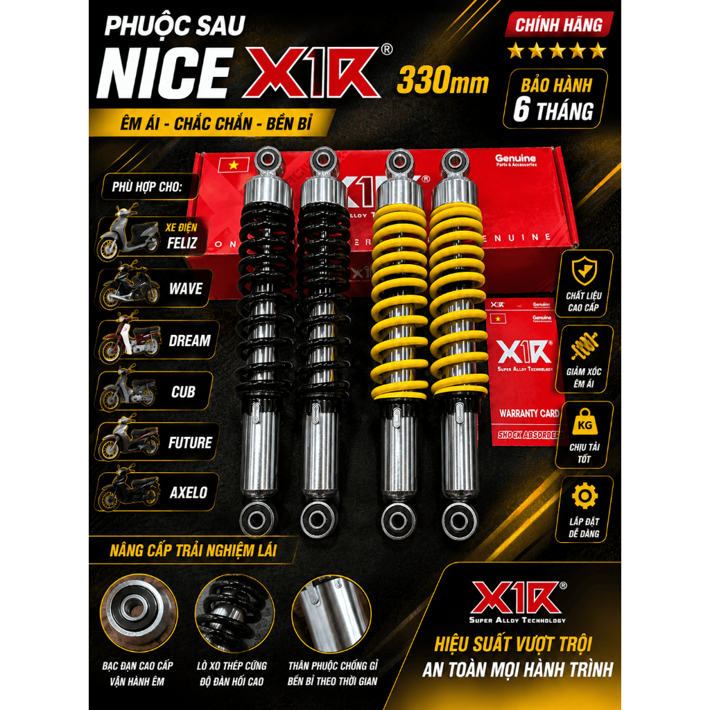 Phuộc Sau NICE X1R 330mm Cho Xe Điện Feliz, Wave, Dream, Cub, Future, Axelo Chính Hãng Giảm Xóc Êm Á
