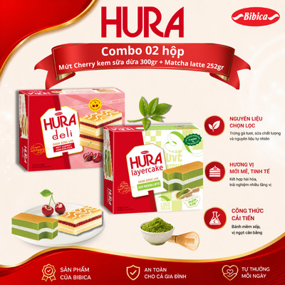 [MỚI] Combo bánh bông lan mềm xốp Hura Deli mứt Cherry Kem Sữa Dừa & Hura Layercake Matcha Latte thế hệ mới