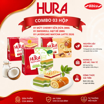 [MỚI] Combo 3 hộp lớn bánh bông lan Hura thế hệ mới mềm xốp - Trọn bộ Cherry 300g, Hạt Sen 288g, Matcha 252g