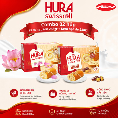 [MỚI] Bánh bông lan cuộn Hura Swissroll thế hệ mới mềm xốp như bánh thủ công - Combo 2H Kem Hạt Sen & Hạt Dẻ