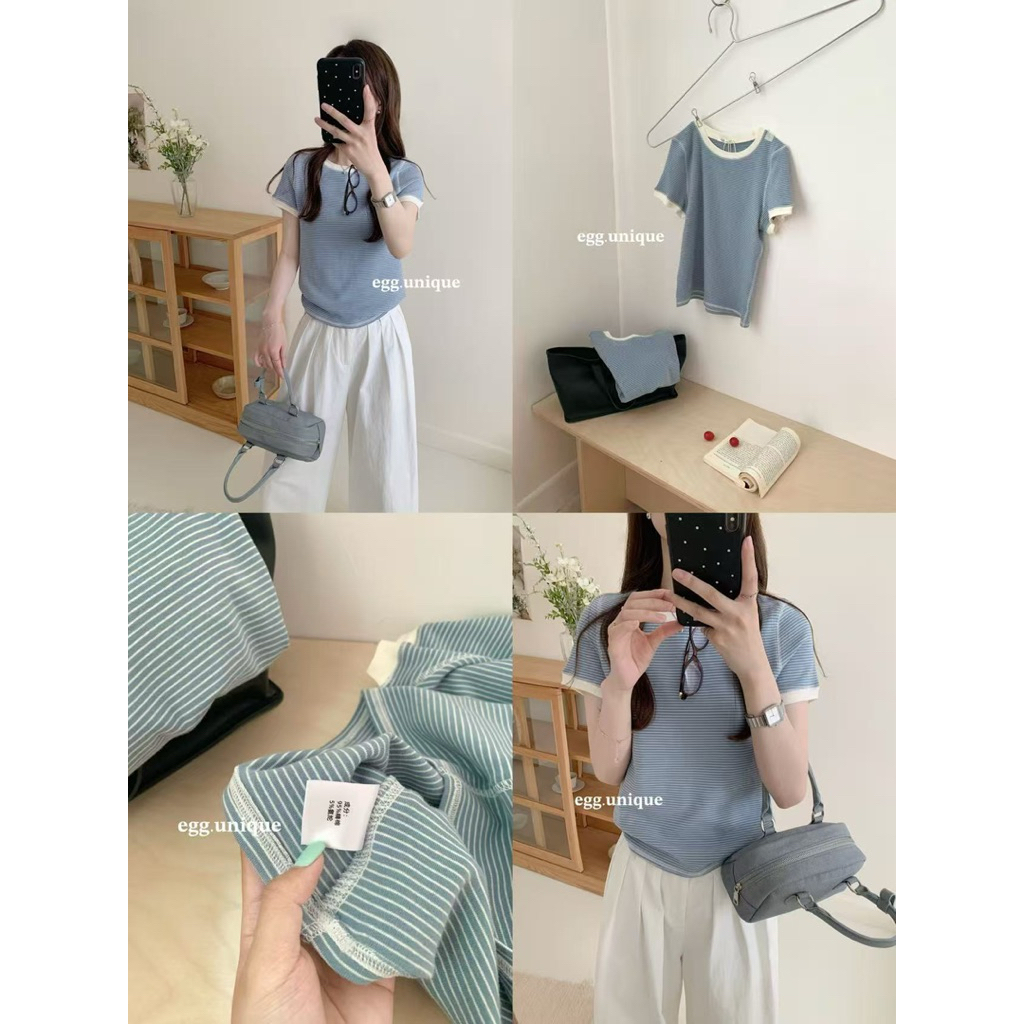 nimstudio | áo thun kẻ cotton Egg mềm mát