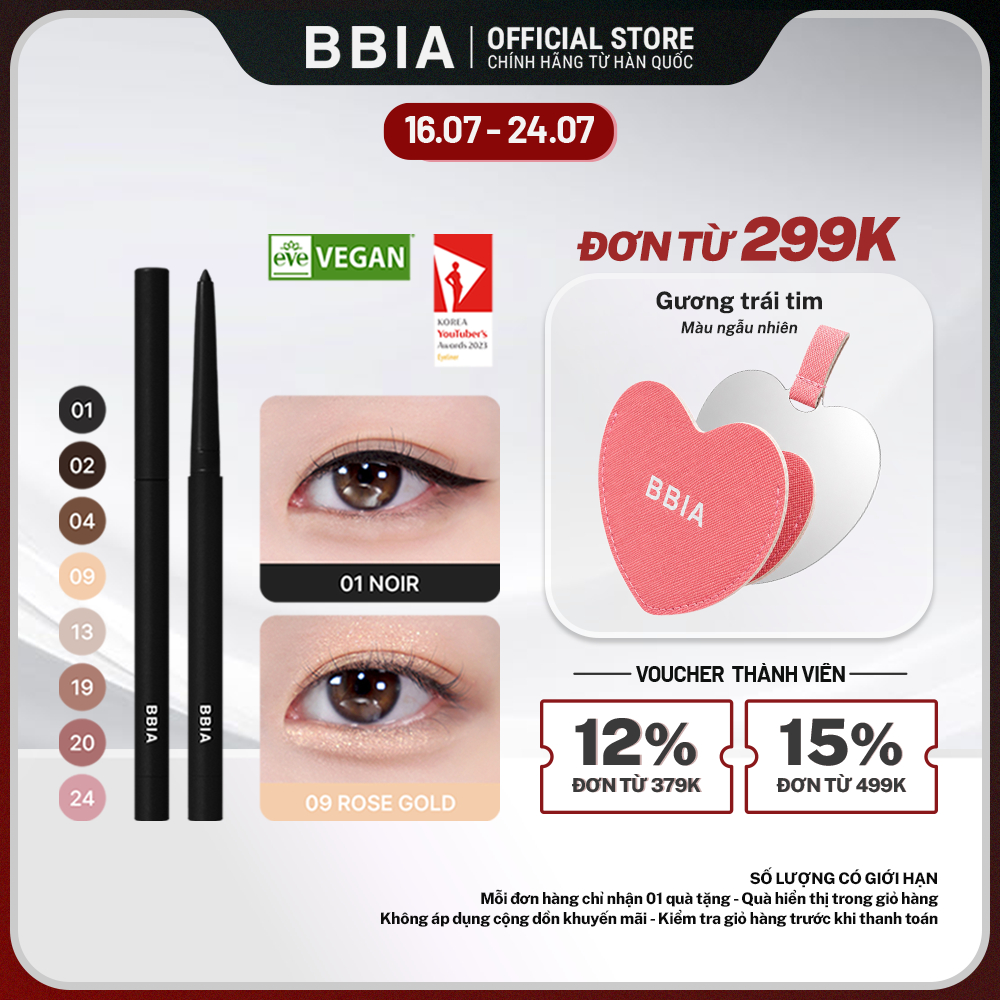 Kẻ mắt dạng gel thuần chay, chống nước tuyệt đỉnh BBIA Last Auto Gel Eyeliner 0.3g