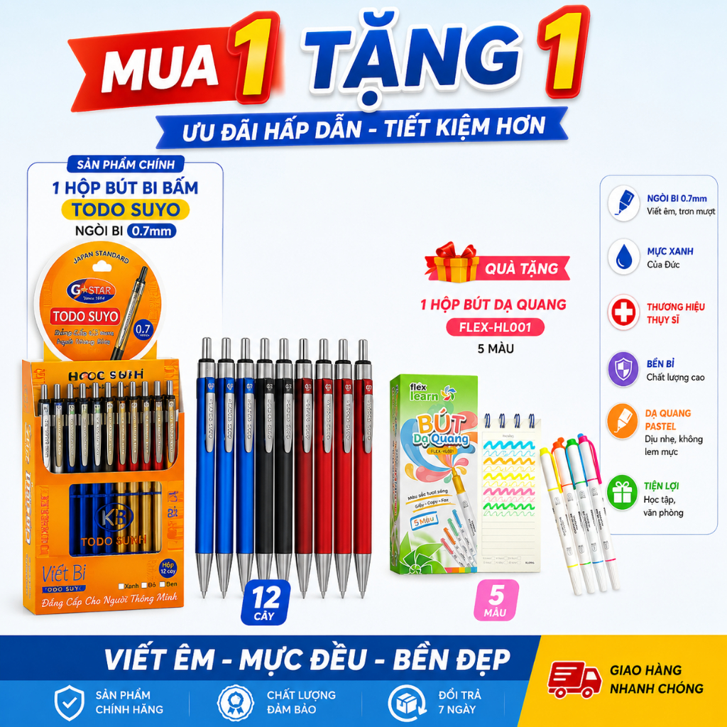 Hộp 12 Cây Bút Bi Bấm G-Star Todo Suyo Ngòi Bi 0.7mm Thụy Sĩ, Mực Xanh Của Đức,Mực Đều, Viết Êm