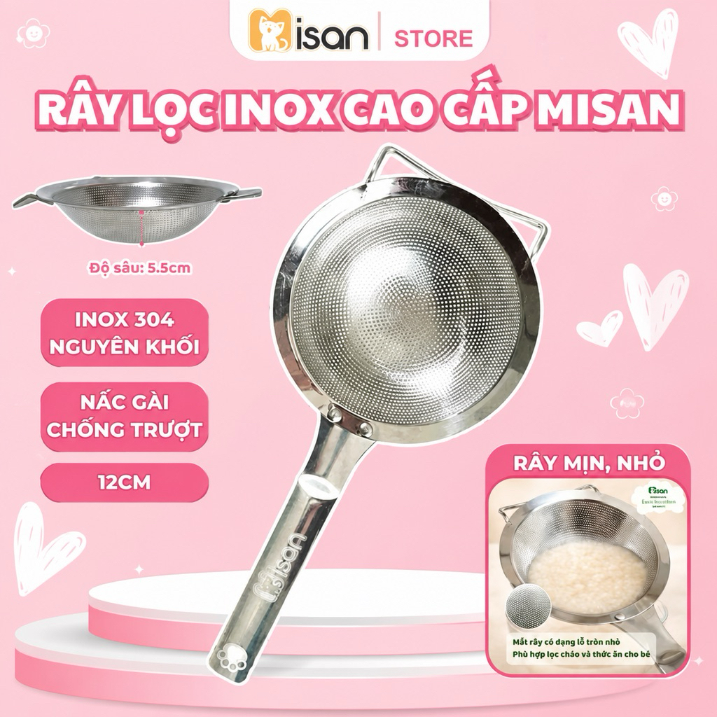 Rây inox 304 nguyên khối RÂY ĐÚC NGUYÊN KHỐI siêu mịn MISAN/LION BABY 12cm lọc cháo mịn,loại bỏ xơ a