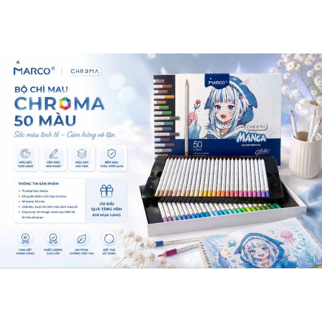 [ Hoả Tốc ]  Hộp 50 Màu Cao Cấp Marco Chroma  Tông Màu Pastel Chuyên Vẽ Tranh MANGA ( E2550-50CB )