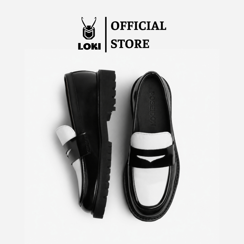 Giày Da Poseidon Nam Penny Loafer Màu Đen Trắng Da Cao Cấp