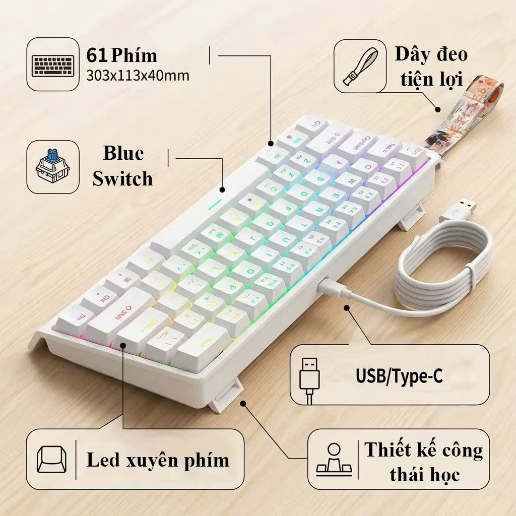 Bàn phím cơ Weiyu F61 | LED RGB | Hotswap | Dây đeo esport - thiết kế công thái họ | BigBuy360 - bigbuy360.vn