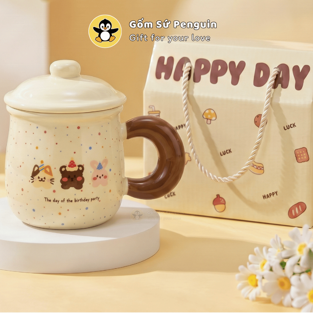 [Penguin] Ly sứ Happiness phong cách Hàn Quốc 350ml cốc sứ quà tặng nữ decor góc học tập