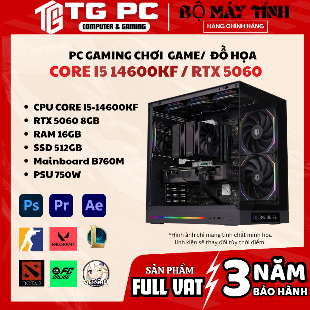[FULL VAT] Bộ máy tính PC Gaming i5 14600KF + RTX 5060 + RAM 16GB - NEW CHÍNH HÃNG BẢO HÀNH 36 THÁNG
