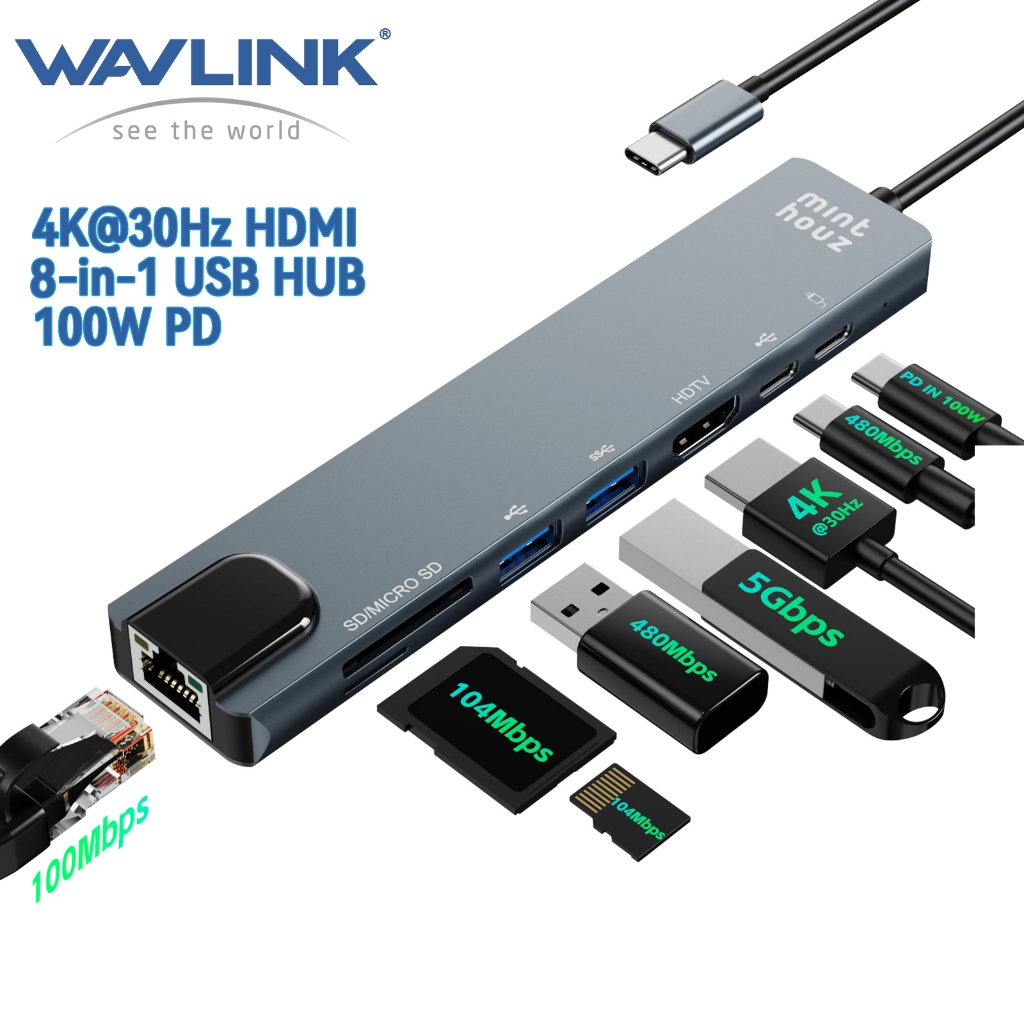 Wavlink Đầu chuyển đa cổng USB-C 8-in-1 HUB, sạc qua 100W PD xuất 4K cổng USB-A 5Gbps khe SD/Micro 1