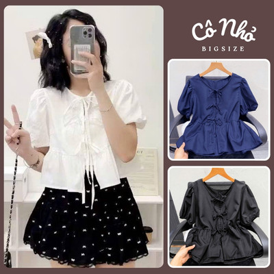 Áo Babydoll Bigsize Nữ Tay Phồng Vạt Xòe Phối Nơ Xinh Vải Kate Thái Mềm Đi Chơi A191