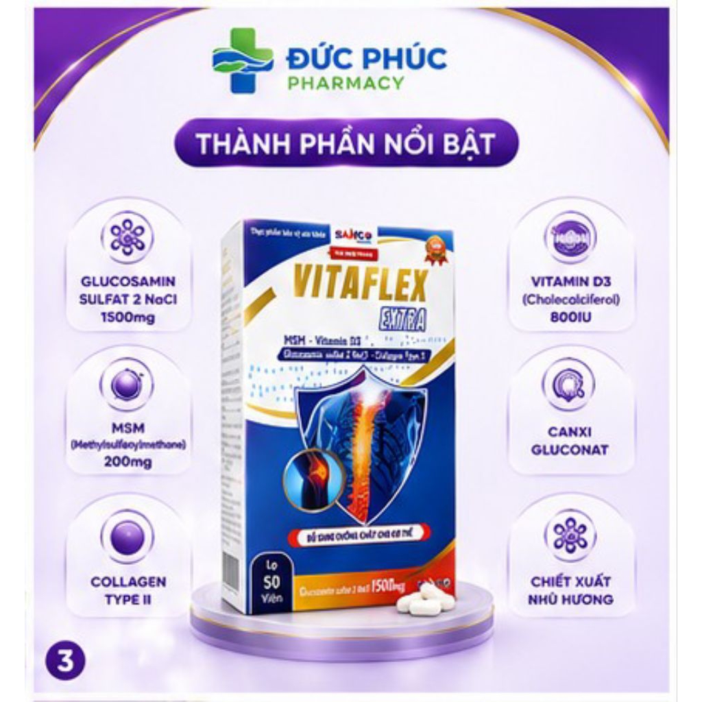 VITAFLEX EXTRA 50 Viên | TPBVSK Chứa Glucosamin Sulfat 1500mg, MSM, Collagen Type II, Vitamin D3