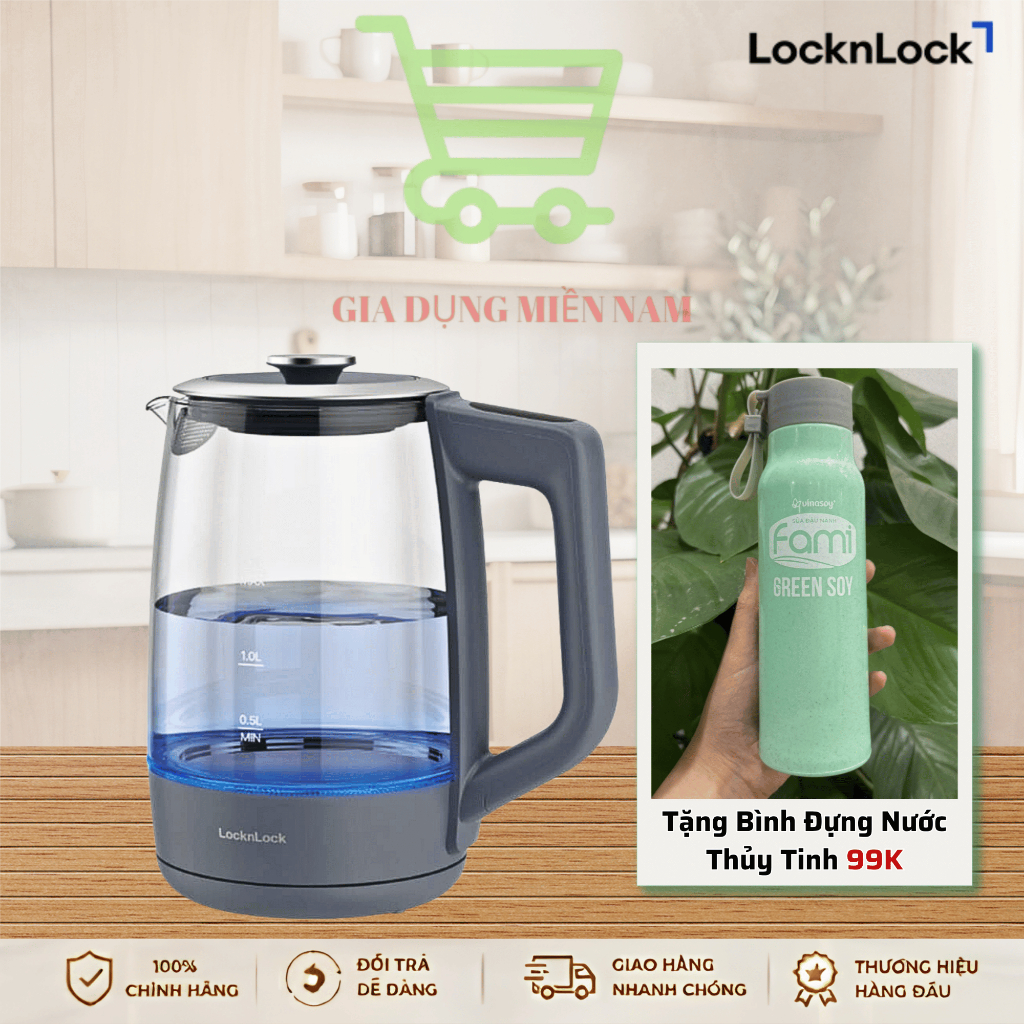 Ấm Đun Siêu Tốc LocknLock EJK276GRY dung tích 1.7L, 5 Mức Nhiệt, Giữ Ấm 12h, đế STRIX -  Hàng Chính 