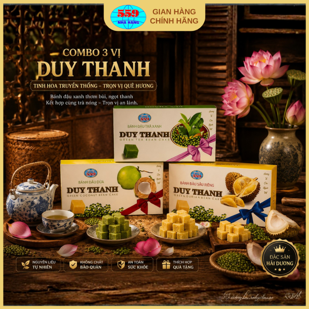 Combo Bánh Đậu Xanh 3 Vị - Trà Xanh + Dừa  + Sầu Riêng - Đặc Sản Hải Dương 559