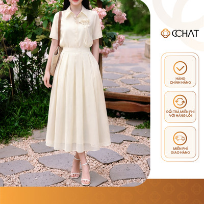 Set Đồ Nữ 𝐂𝐂𝐇𝐀𝐓 Dáng Suông Sense Áo Đính Hoa Trang Trí Chất Liệu Tơ Mềm Mát 16BNV9039XT
