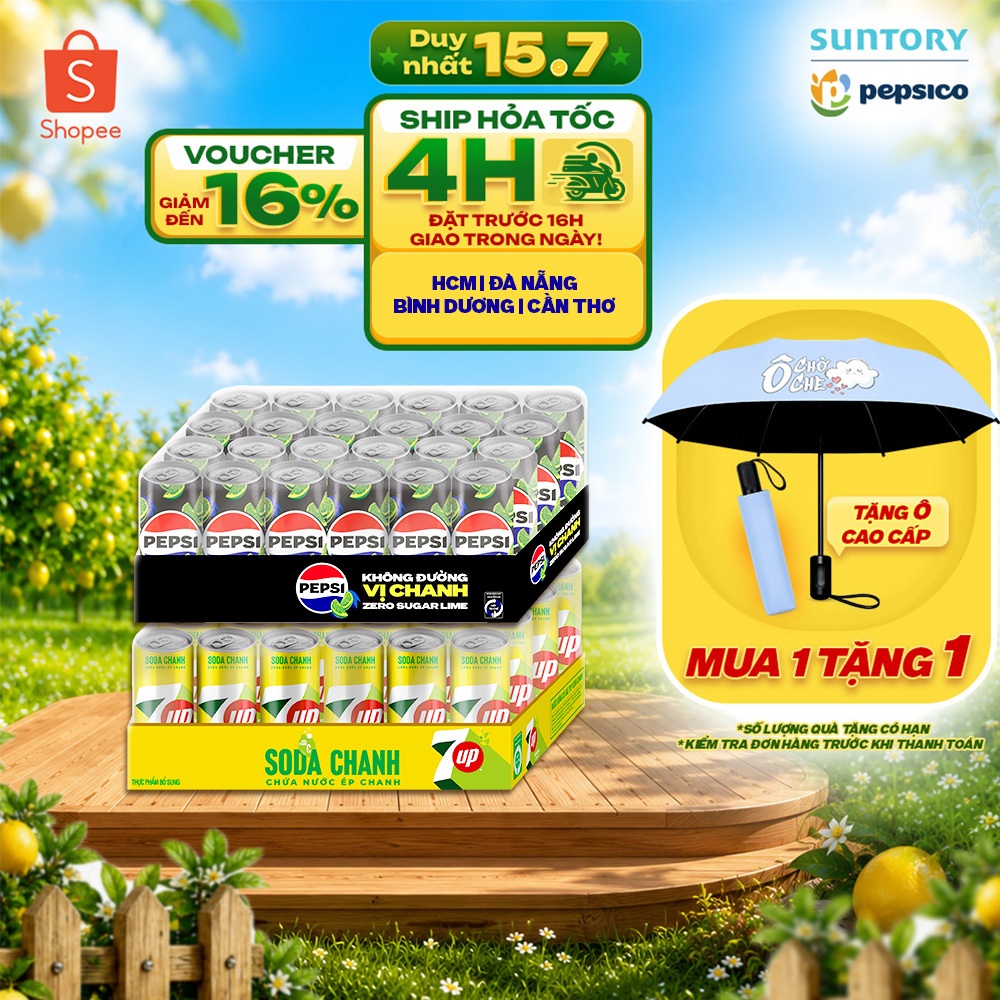 [SALE 15.7] Combo 2 Thùng Pepsi Vị Chanh Không Calo và 7UP Soda Chanh Không Calo (320ml/lon)