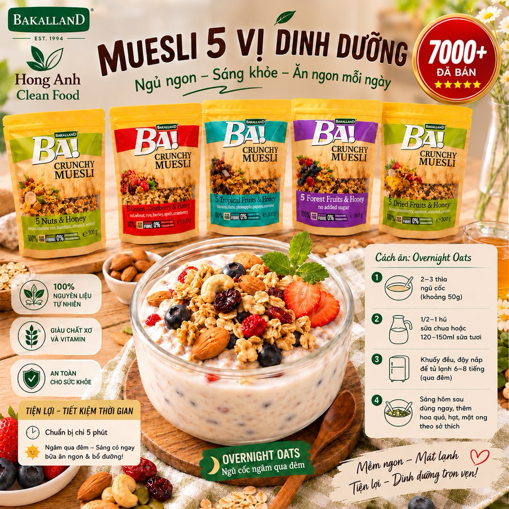 Ngũ Cốc Muesli Bakalland Túi 300gr– 5 Mùi Vị Trái Cây Sấy – Ăn Sáng Healthy, Giòn Ngon – Top Bán Chạ