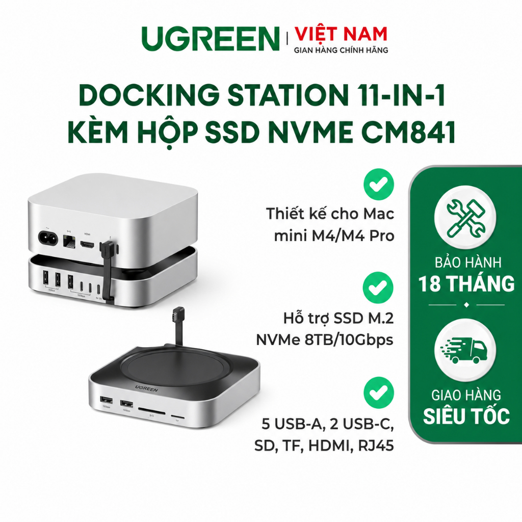 Ugreen Hub Docking Station cho M4/M4 Pro M.2 NVMe SSD 8TB Max 10Gbps USB-A  USB-C SD & TF | BH 18 Th
