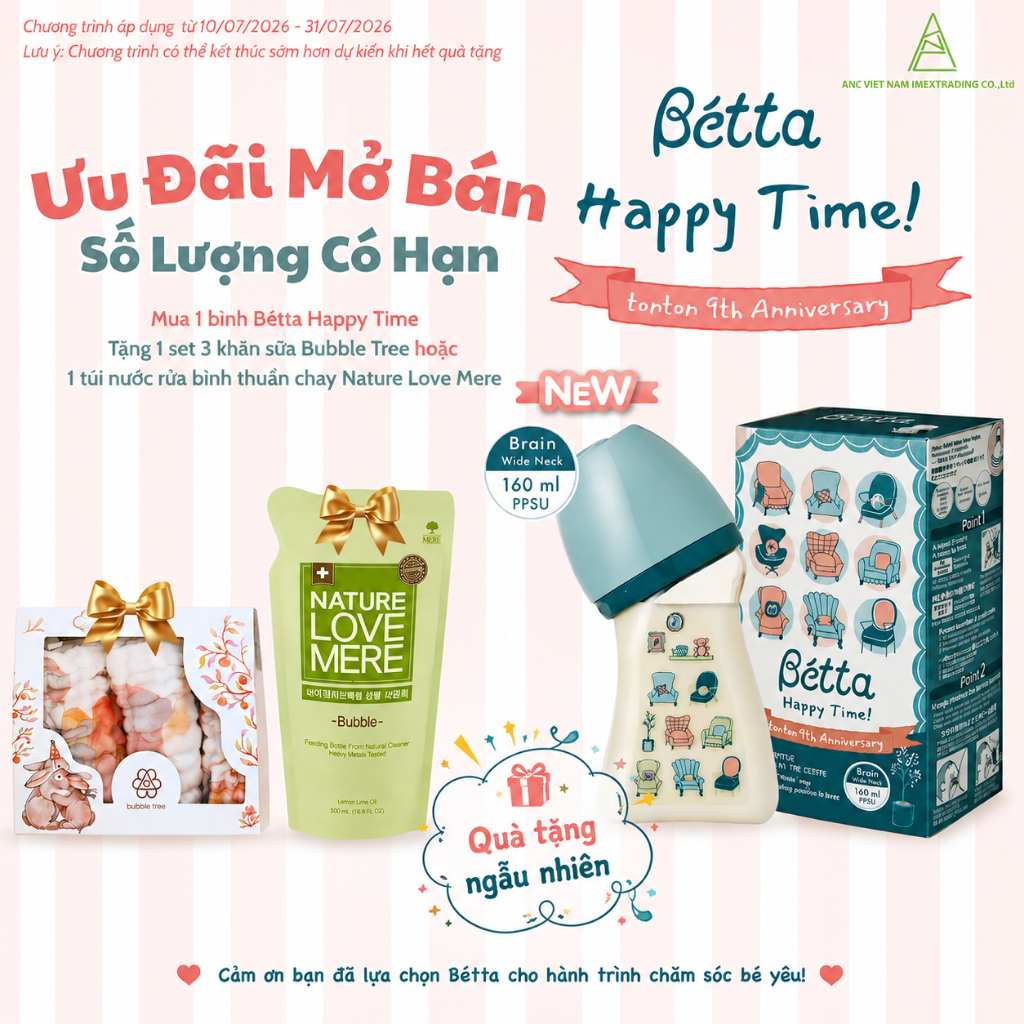 Bính Bétta PPSU Cổ Rộng Brain - Happy Time 160ml