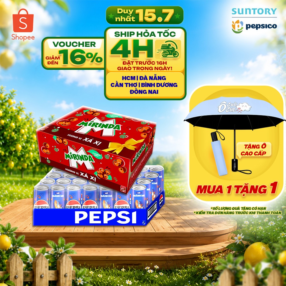 [SALE 15.7] Combo 1 Thùng Pepsi và 1 Thùng 24 Lon Mirinda Xá Xị (320ml hoặc 350ml/lon)