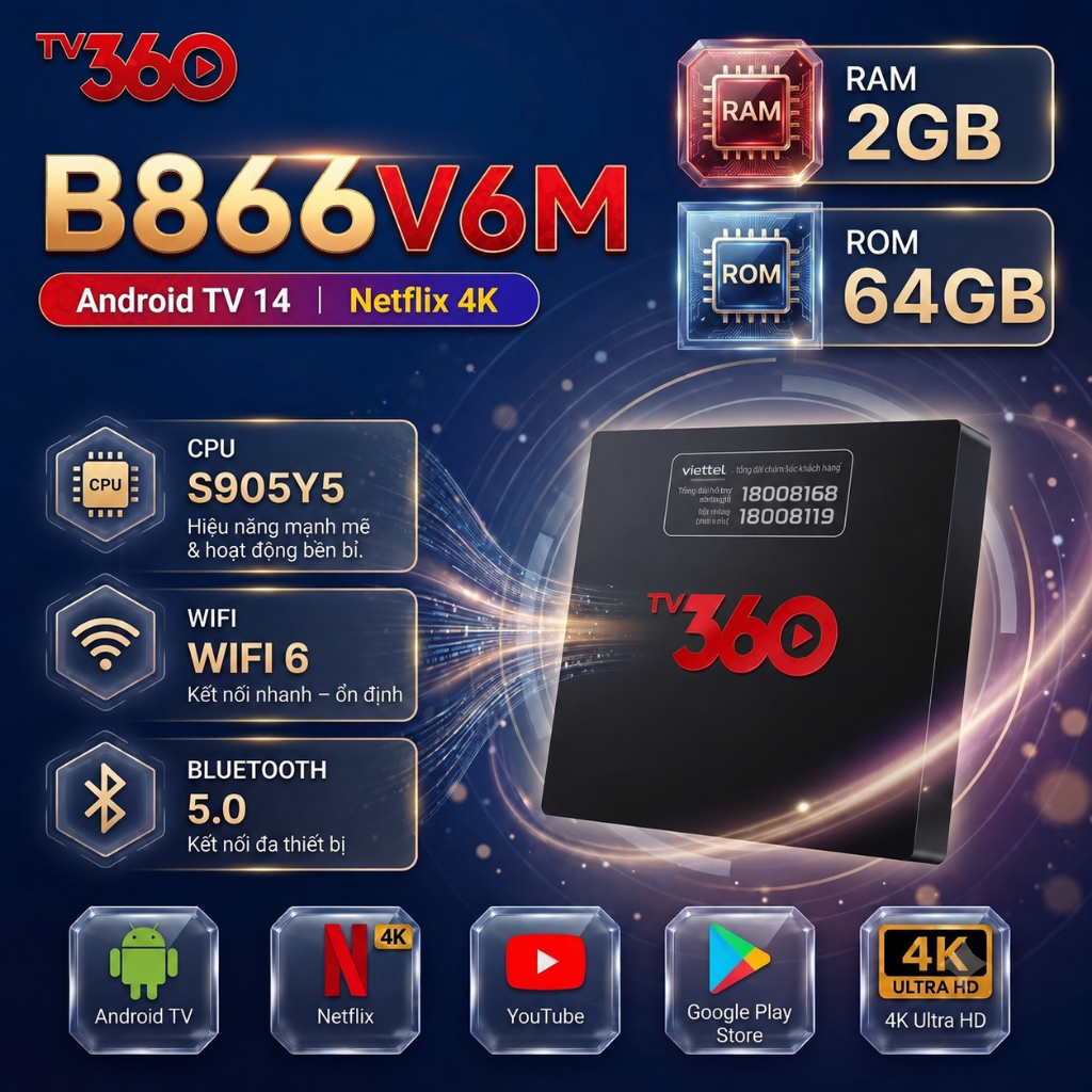 TV Box Viettel B866V2F B866V6M - Android TV, Điều Khiển Giọng Nói,Hỗ Trợ Tất Cả Nhà Mạng,qua sử dụng