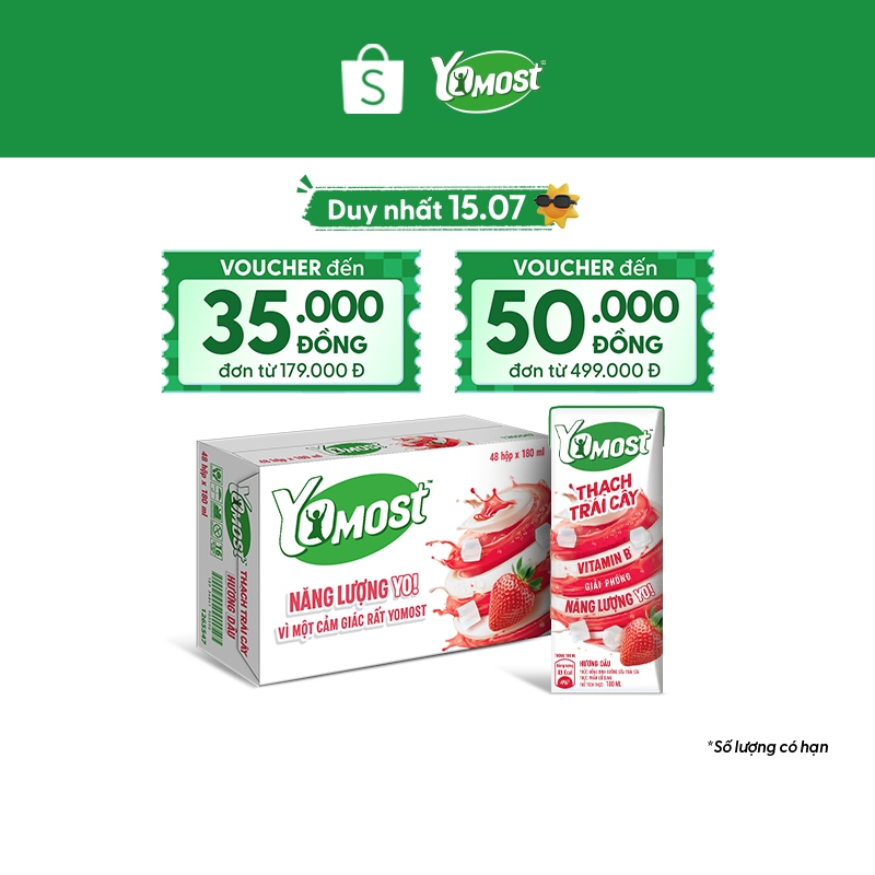 Thùng 48 Hộp Yomost Thạch Trái Cây Hương Dâu (48x180ml)